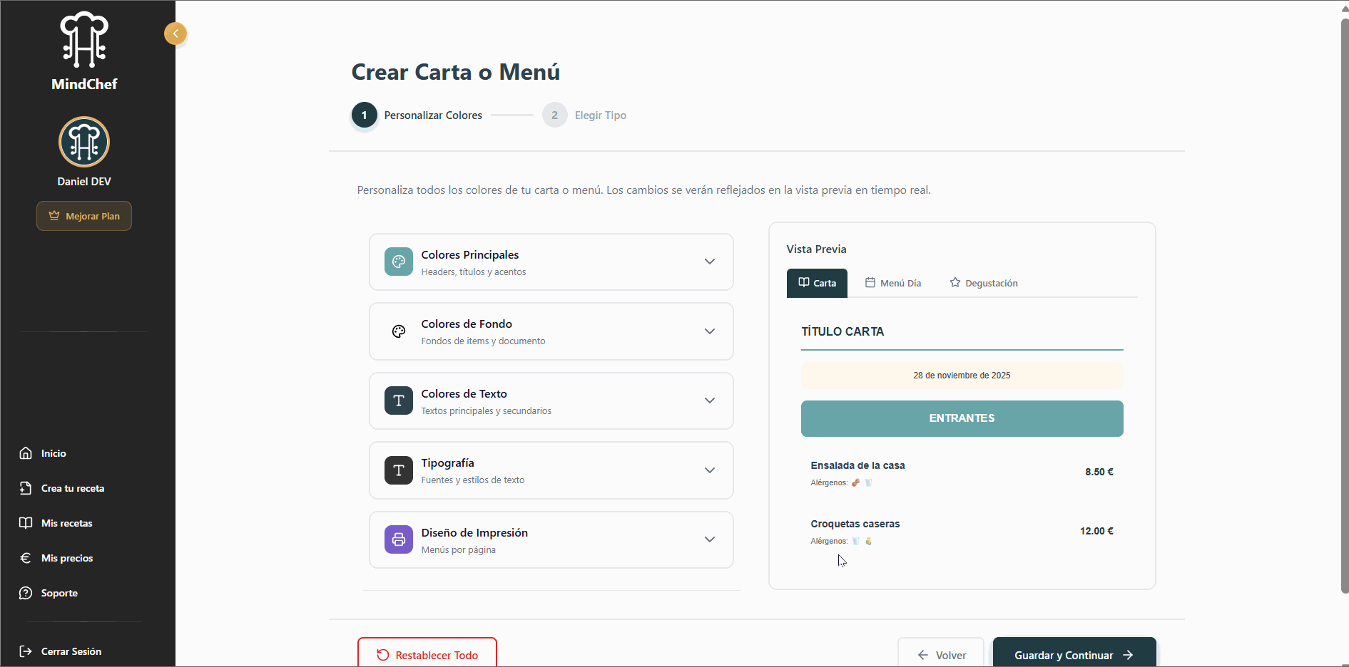 Diseño de menú restaurante MindChef